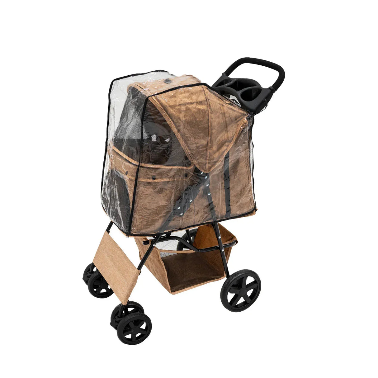 Woven beige pet stroller with rain cover, featuring a spacious cabin, sturdy wheels, and a lower storage basket for convenience