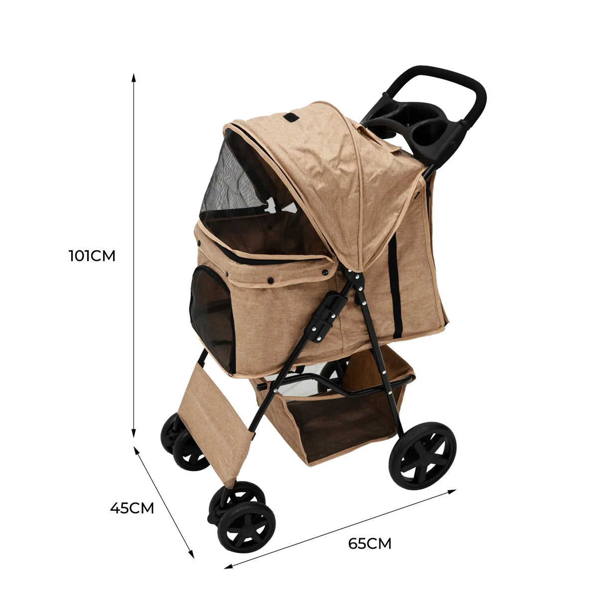 Woven beige pet stroller with rain cover, featuring a spacious cabin, sturdy black frame, and large wheels for easy maneuverability