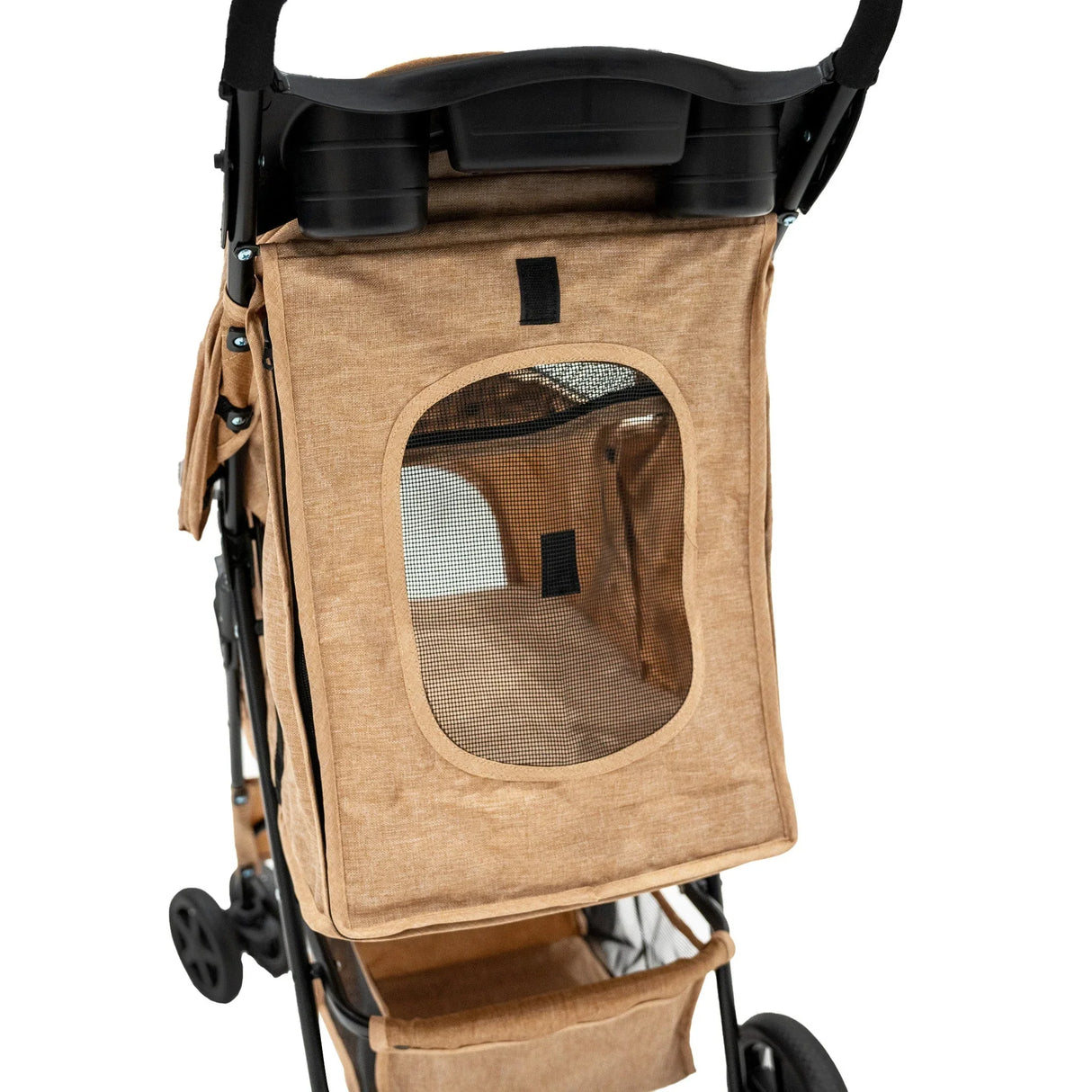 Woven beige pet stroller with rain cover, featuring a mesh window, sturdy frame, and spacious interior for comfortable pet transport