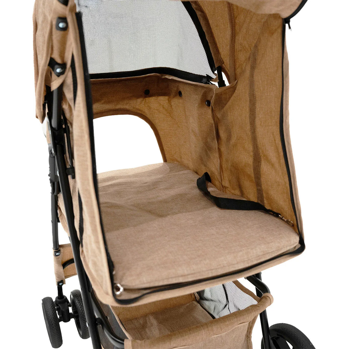 Woven beige pet stroller featuring a spacious interior, mesh ventilation, and a protective rain cover for comfort and safety