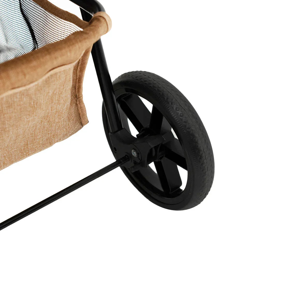 Woven beige pet stroller with a sturdy black wheel, featuring a mesh panel and rain cover for protection and comfort