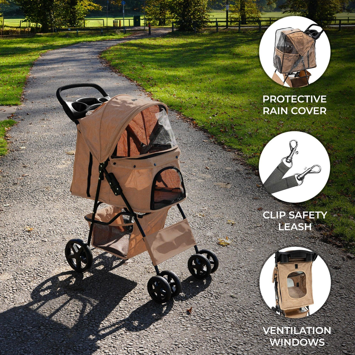 Woven beige pet stroller features a protective rain cover, ventilation windows, and a clip safety leash, perfect for outdoor use