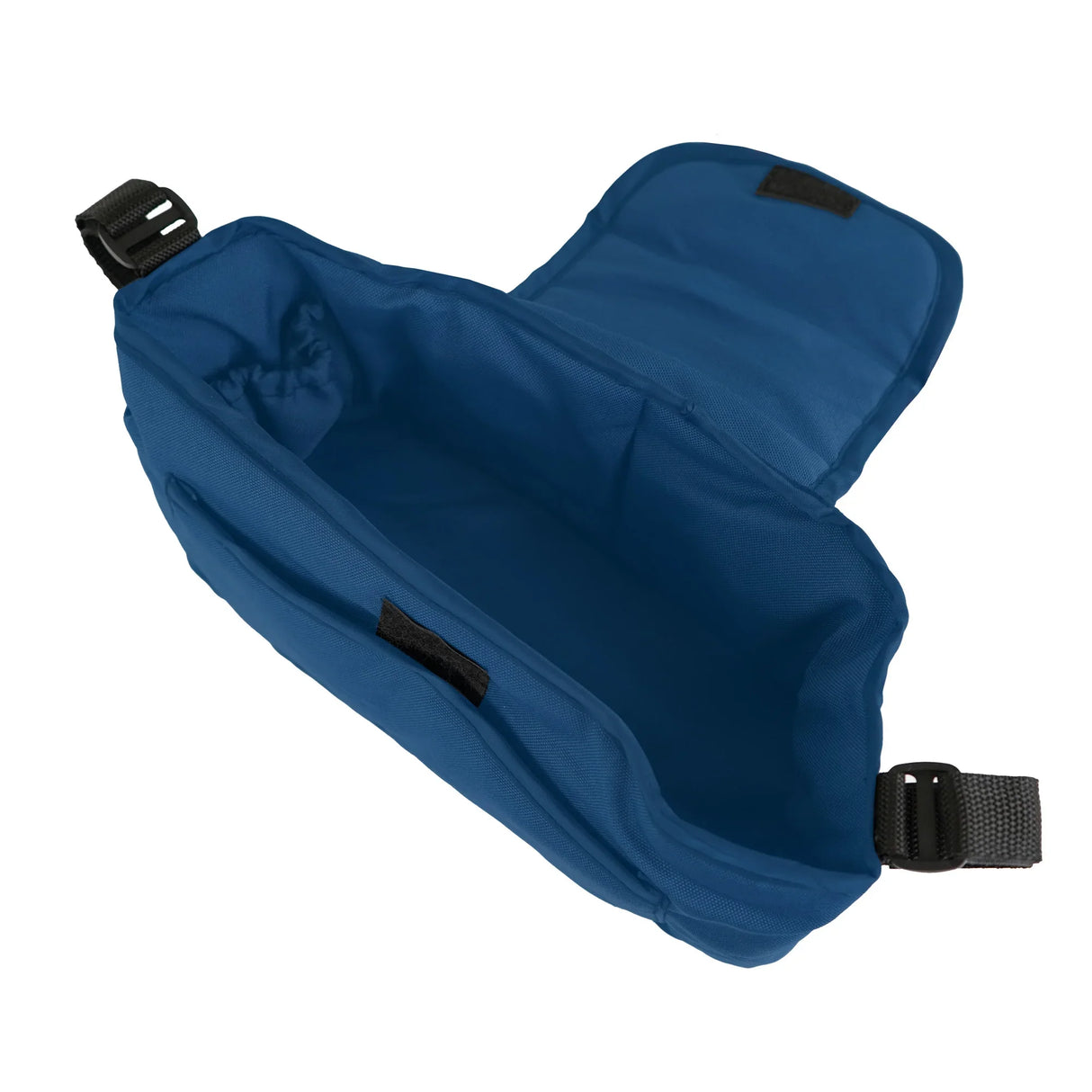 Navy blue pet stroller caddy bag with a spacious interior, durable fabric, and adjustable straps for easy attachment