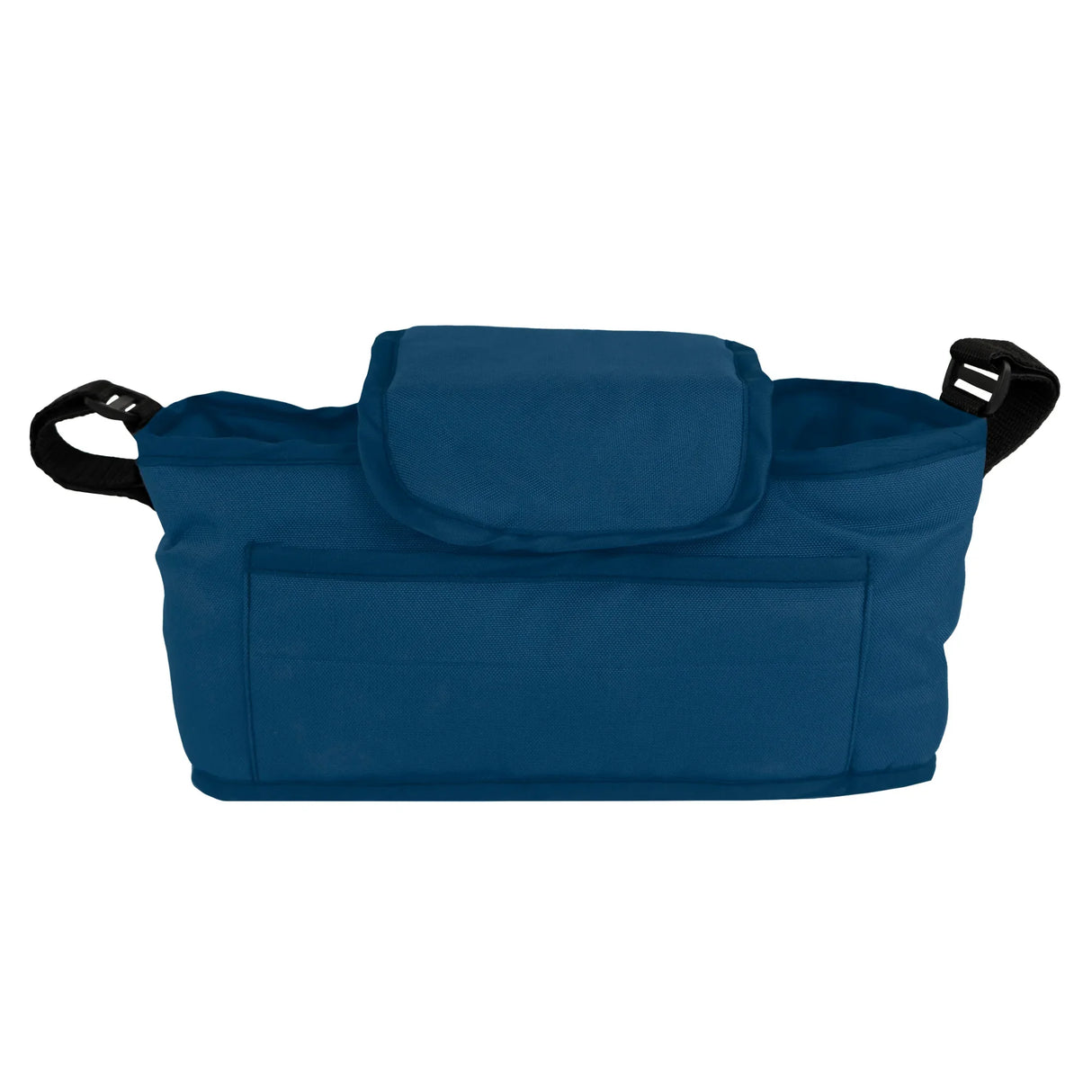 Navy blue pet stroller caddy bag with a spacious main compartment, front pocket, and adjustable straps for easy attachment