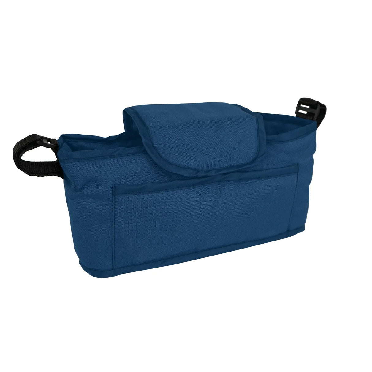 Navy blue pet stroller caddy bag featuring a spacious main compartment, front pocket, and secure straps for easy attachment