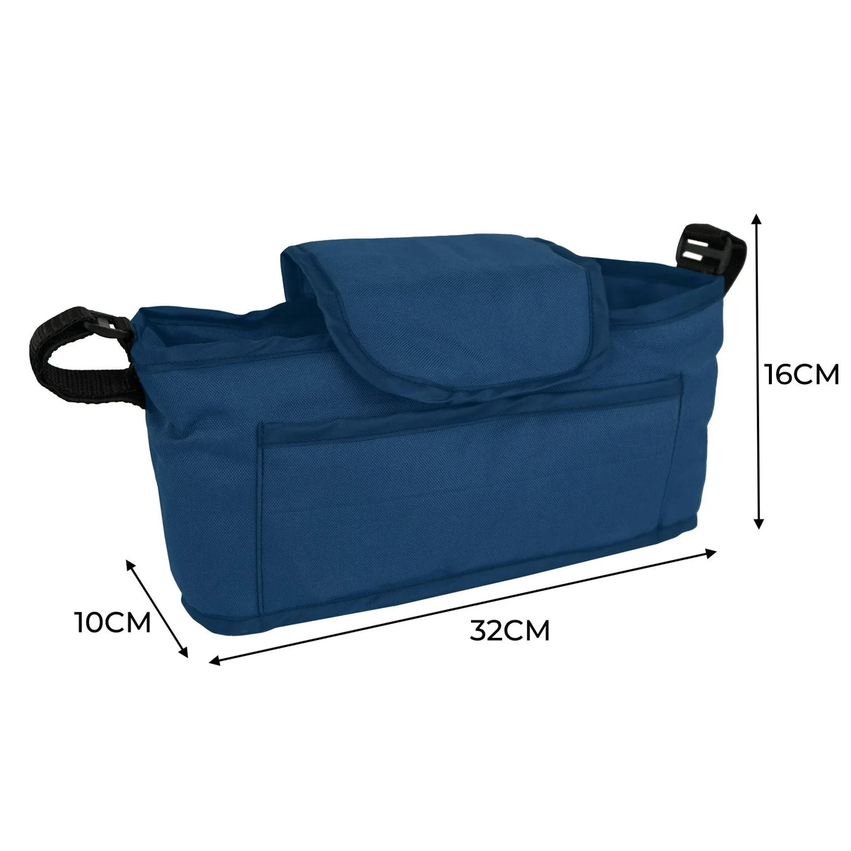Navy blue pet stroller caddy bag with a flap closure, front pocket, and adjustable straps, measuring 32cm wide and 16cm high
