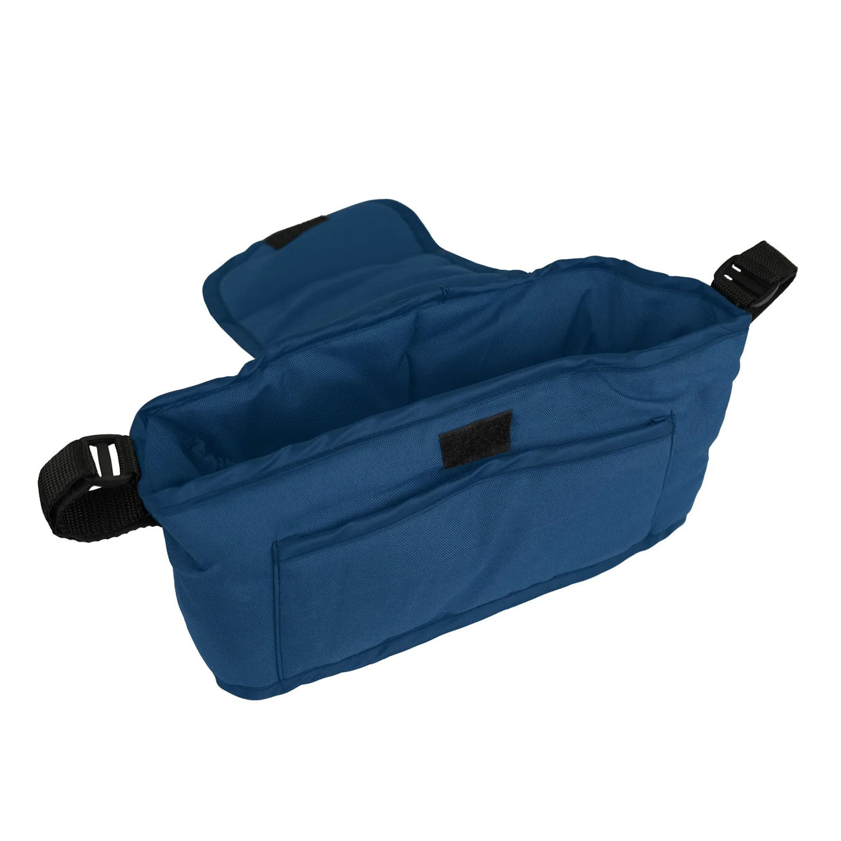 Navy blue pet stroller caddy bag with spacious interior, sturdy fabric, and adjustable straps for easy attachment and convenience