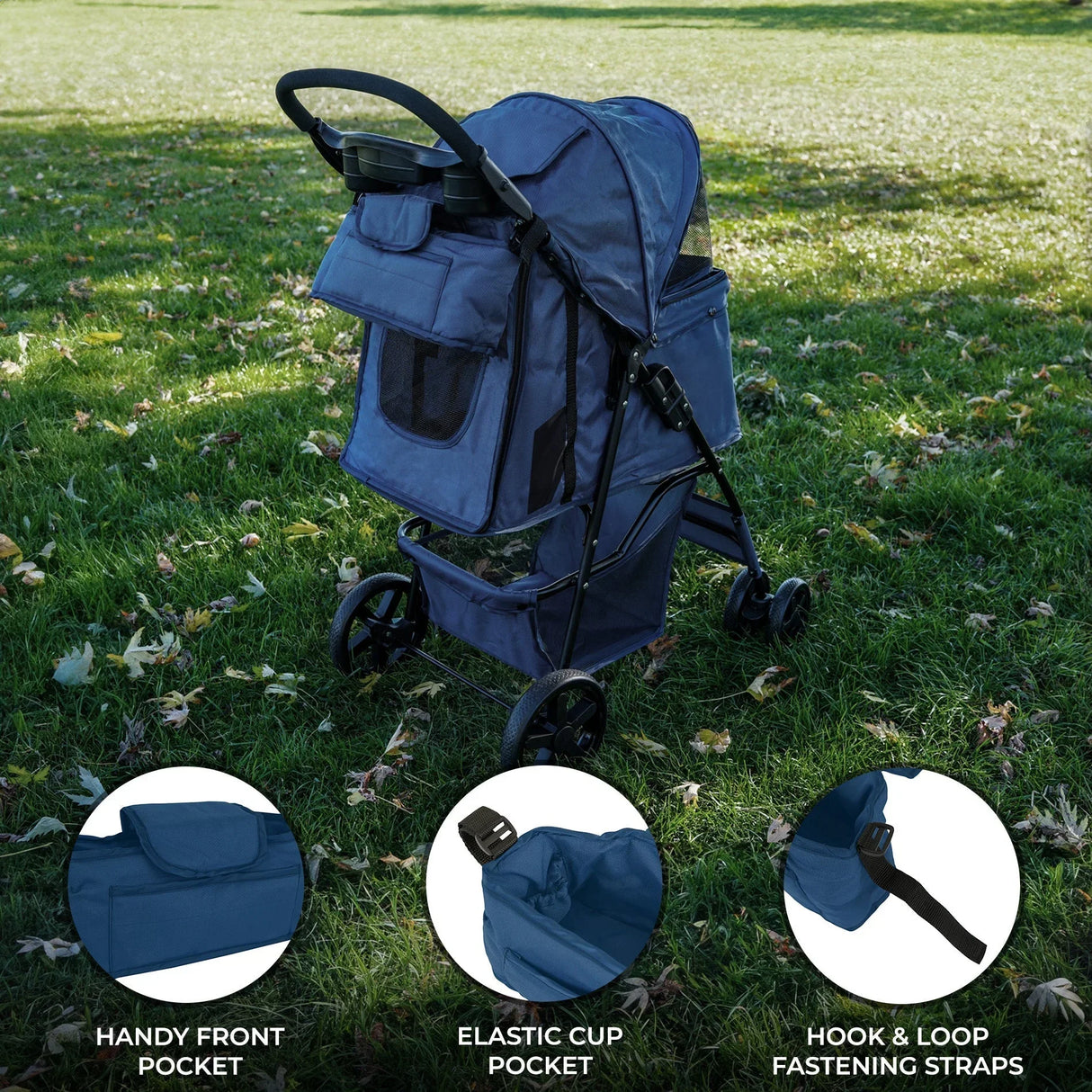 Navy blue pet stroller caddy bag featuring a handy front pocket, elastic cup pocket, and secure hook & loop fastening straps