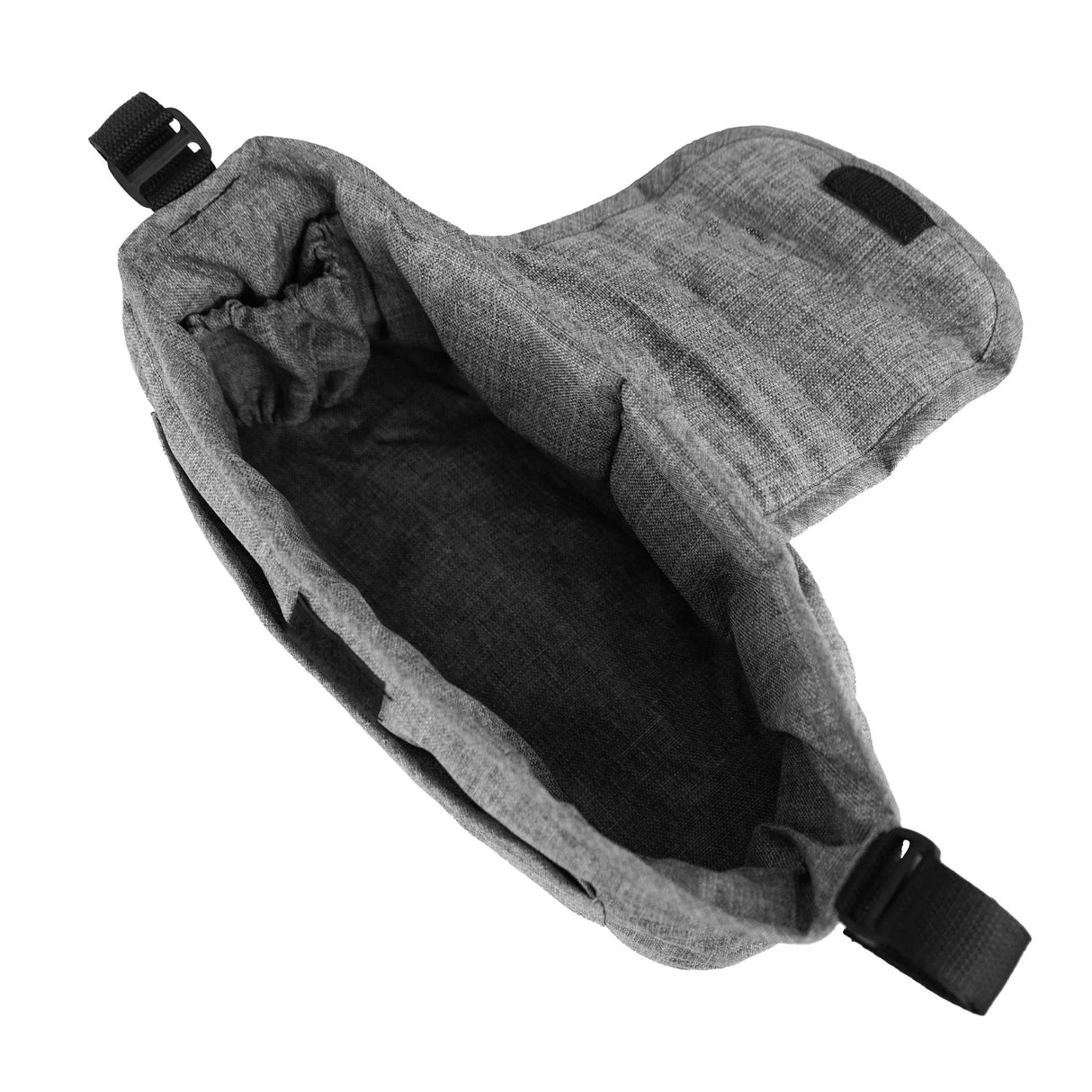 Woven grey pet stroller caddy bag with a soft interior, adjustable straps, and a spacious design for pet essentials