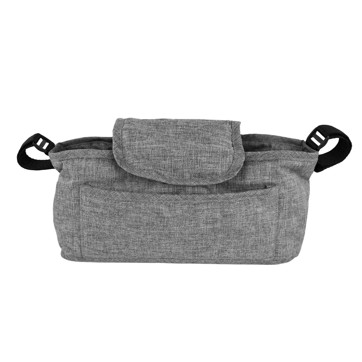 Woven grey pet stroller caddy bag featuring a spacious main compartment, secure flap closure, and convenient side pockets for storage