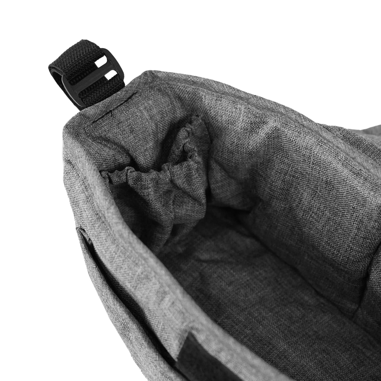 Woven grey pet stroller caddy bag featuring a spacious interior with a soft texture and adjustable drawstring closure for secure storage
