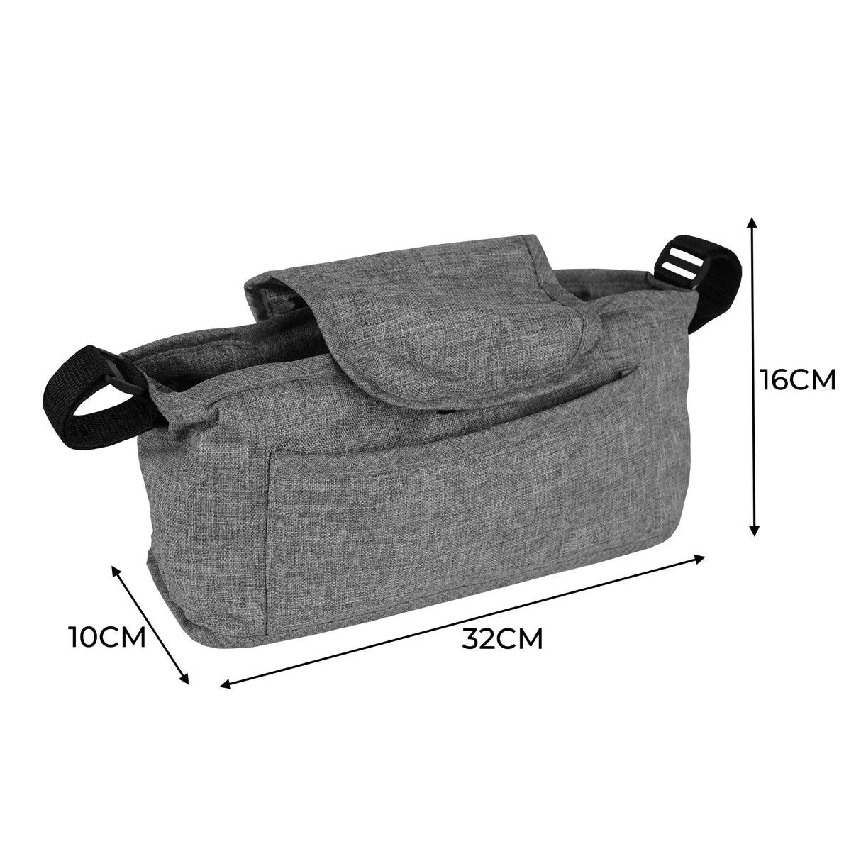 Woven grey pet stroller caddy bag with a flap closure, featuring side handles and dimensions of 32cm x 10cm x 16cm
