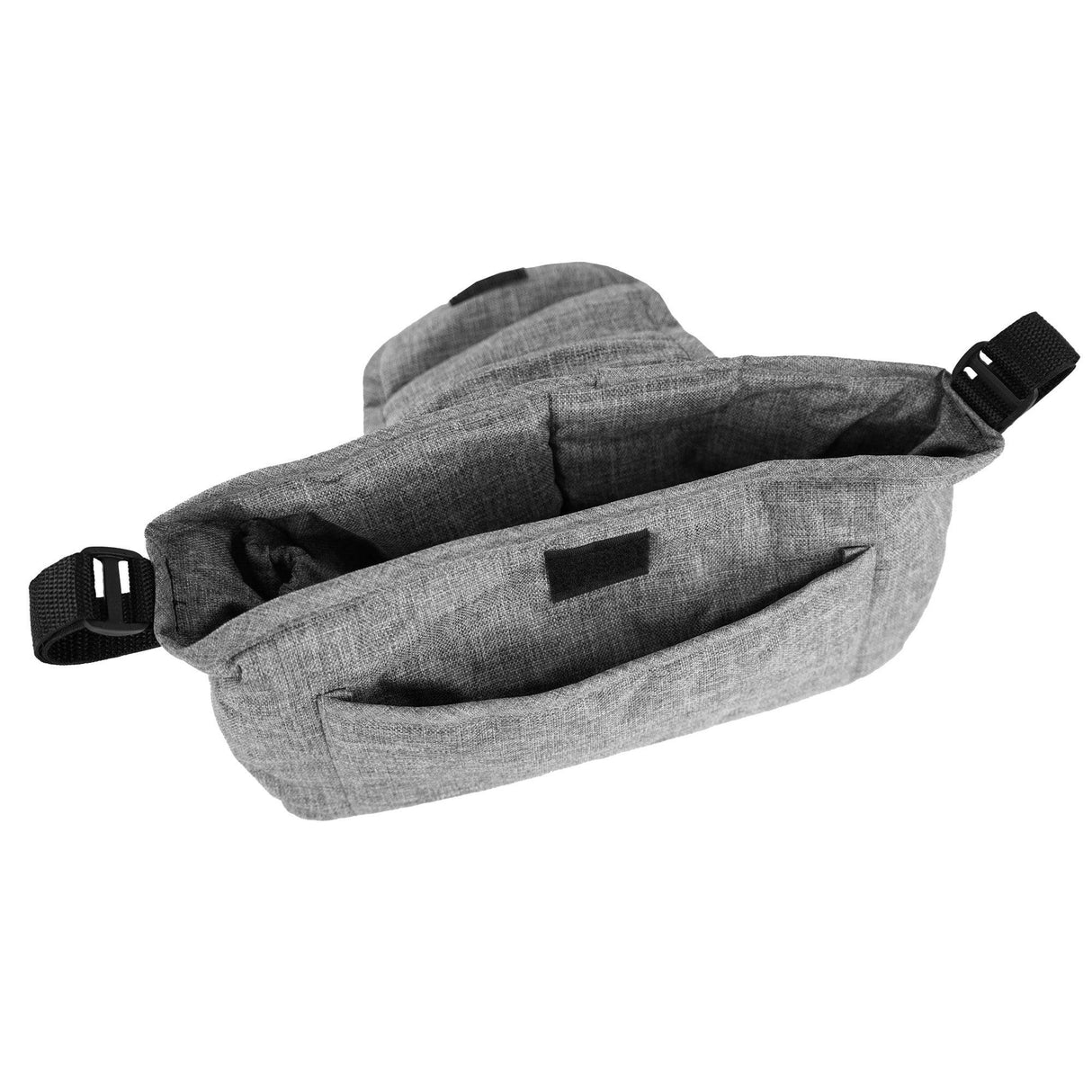 Woven grey pet stroller caddy bag with multiple pockets, featuring a soft texture and adjustable straps for easy attachment
