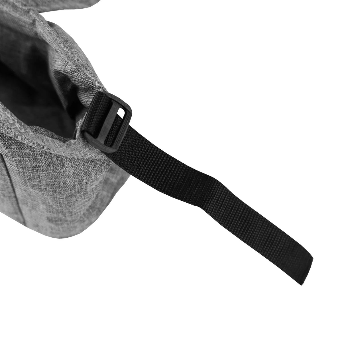 Woven grey pet stroller caddy bag featuring a sturdy strap, ideal for carrying pet essentials with a textured fabric finish