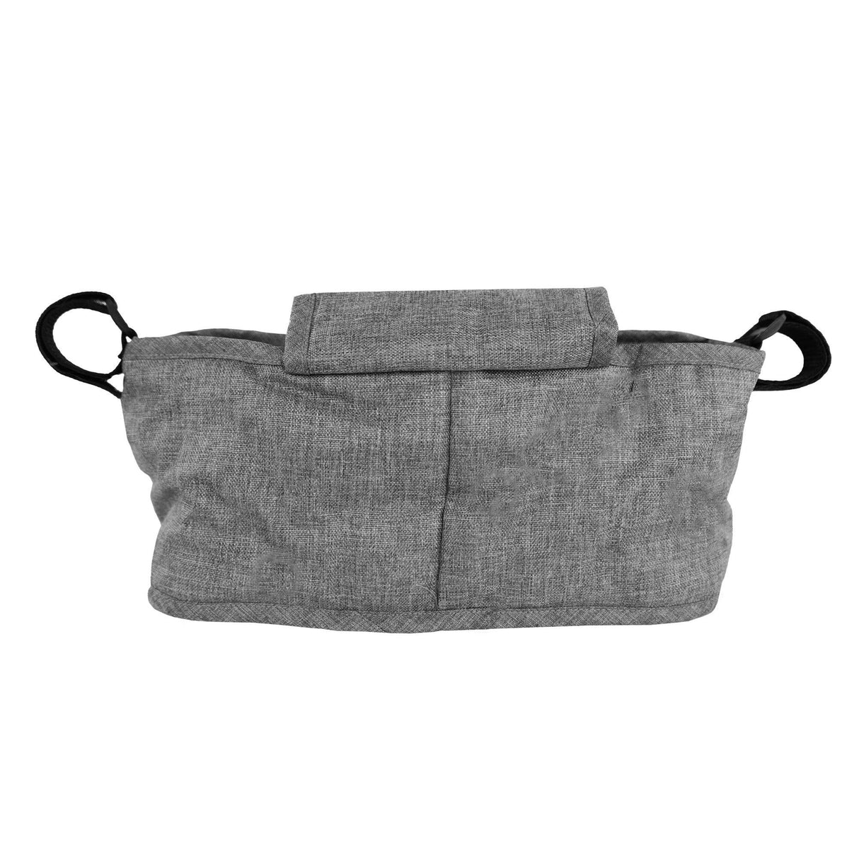 Woven grey pet stroller caddy bag with a soft texture, featuring a top flap and sturdy black handles for easy carrying