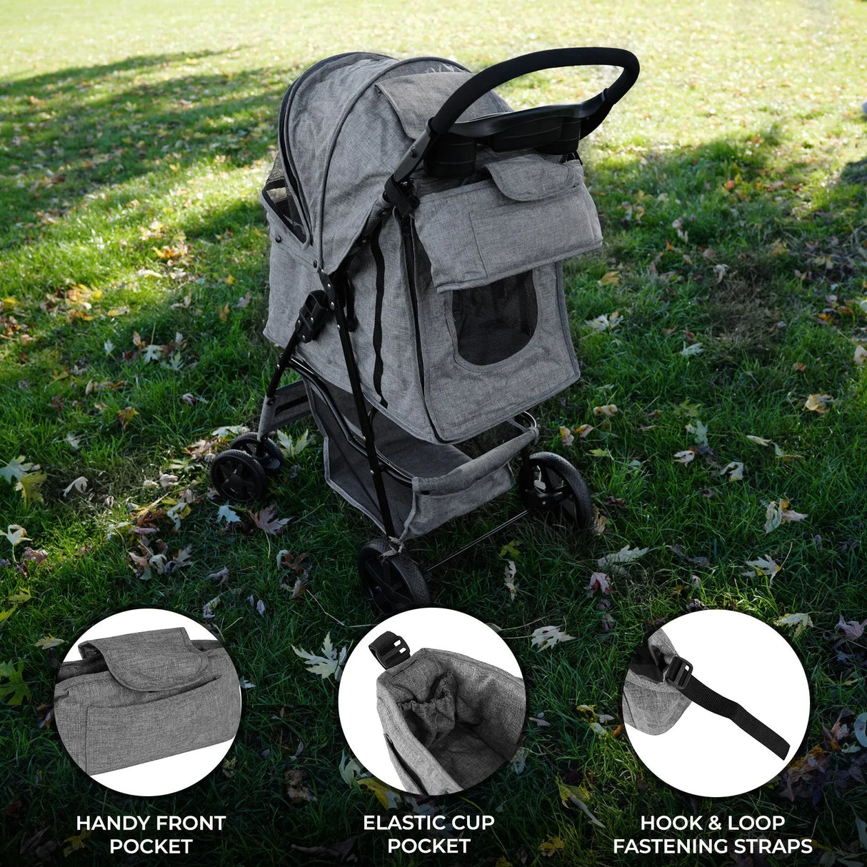 Woven grey pet stroller caddy bag with handy front pocket, elastic cup holder, and hook & loop fastening straps on grass