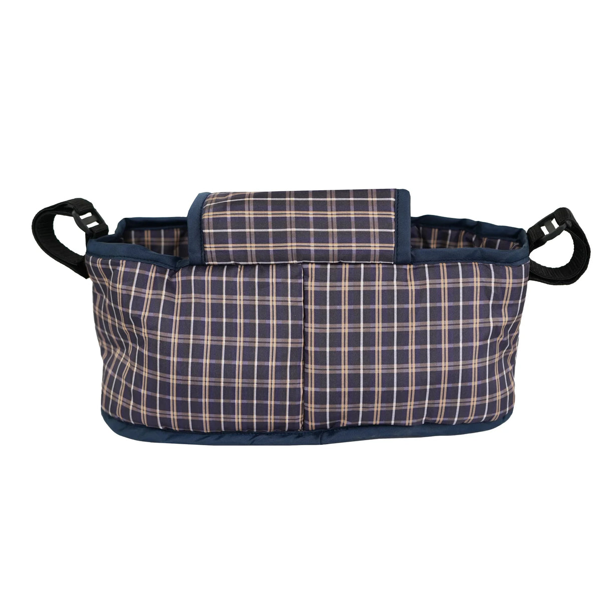 Blue tartan pet stroller caddy bag featuring durable fabric, spacious interior, and sturdy handles for easy transport
