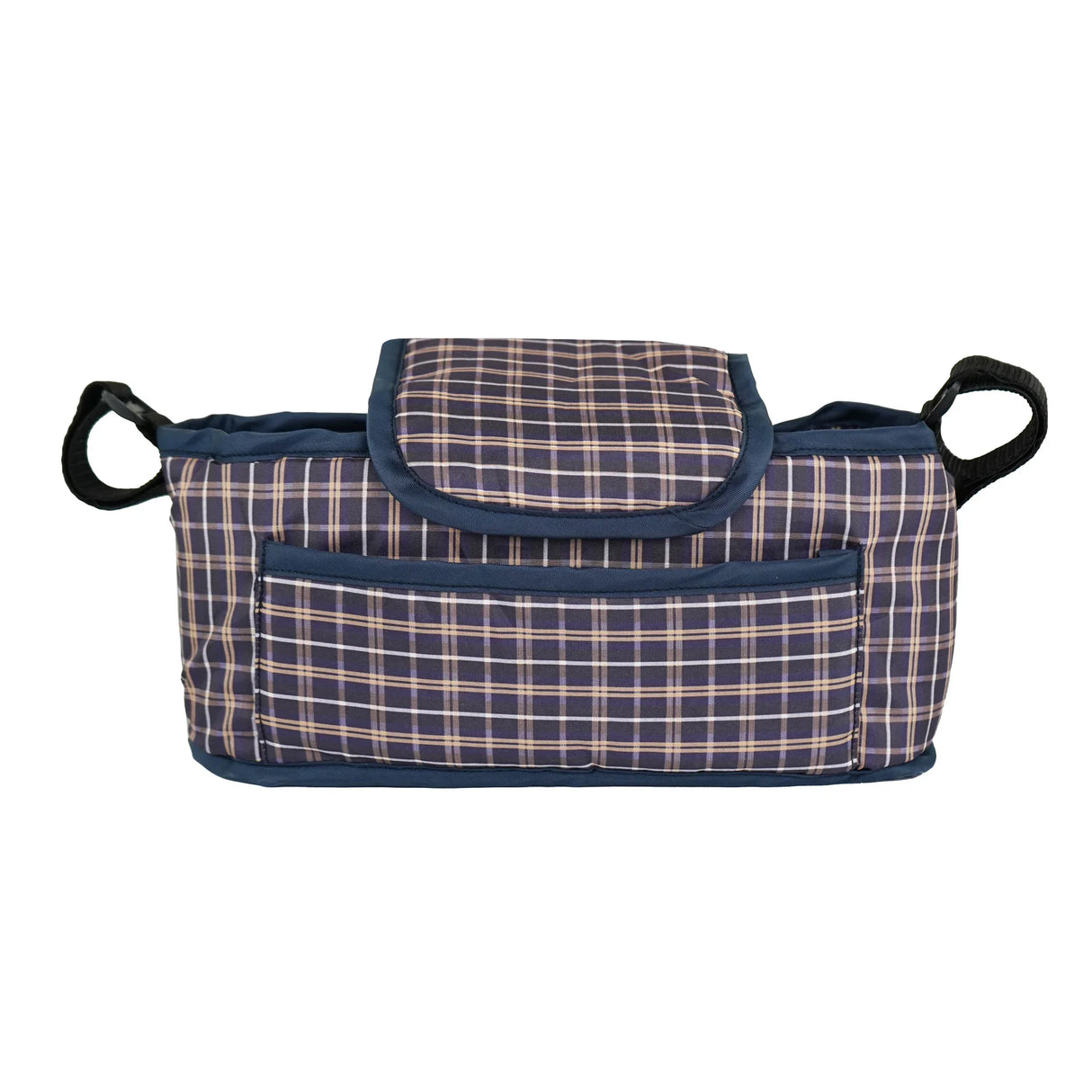 Blue tartan pet stroller caddy bag featuring a spacious design, front pocket, and durable fabric for easy pet transport