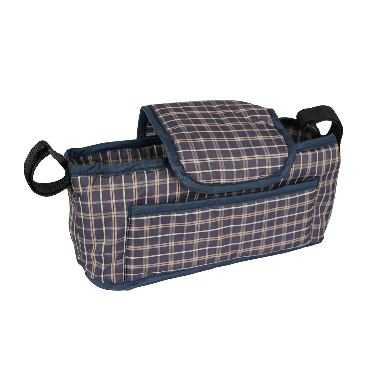 Blue tartan pet stroller caddy bag featuring a spacious interior, front pocket, and comfortable carrying handles for convenience