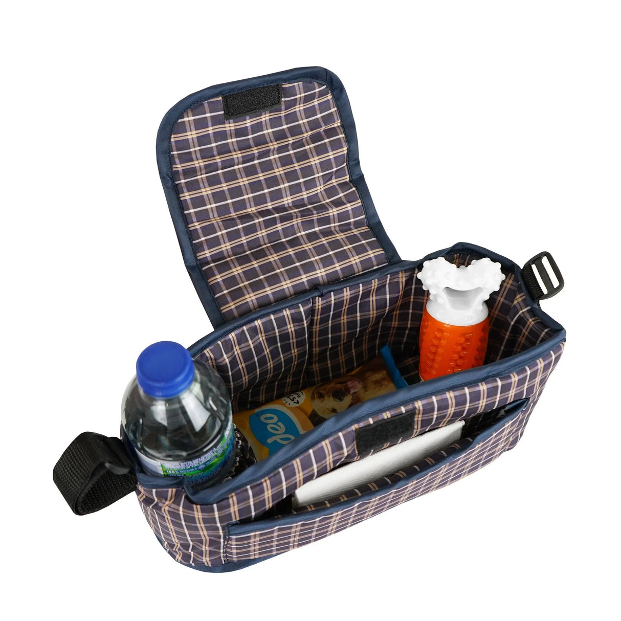 Blue tartan pet stroller caddy bag featuring multiple compartments, including a water bottle, treat container, and snacks