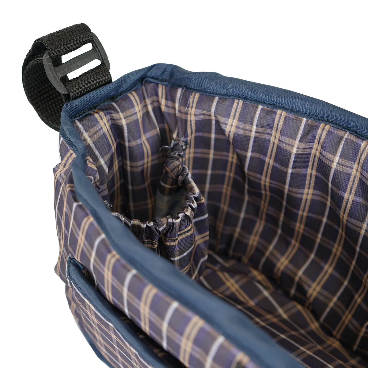 Blue tartan pet stroller caddy bag featuring a spacious interior with elastic pockets for secure storage and easy access