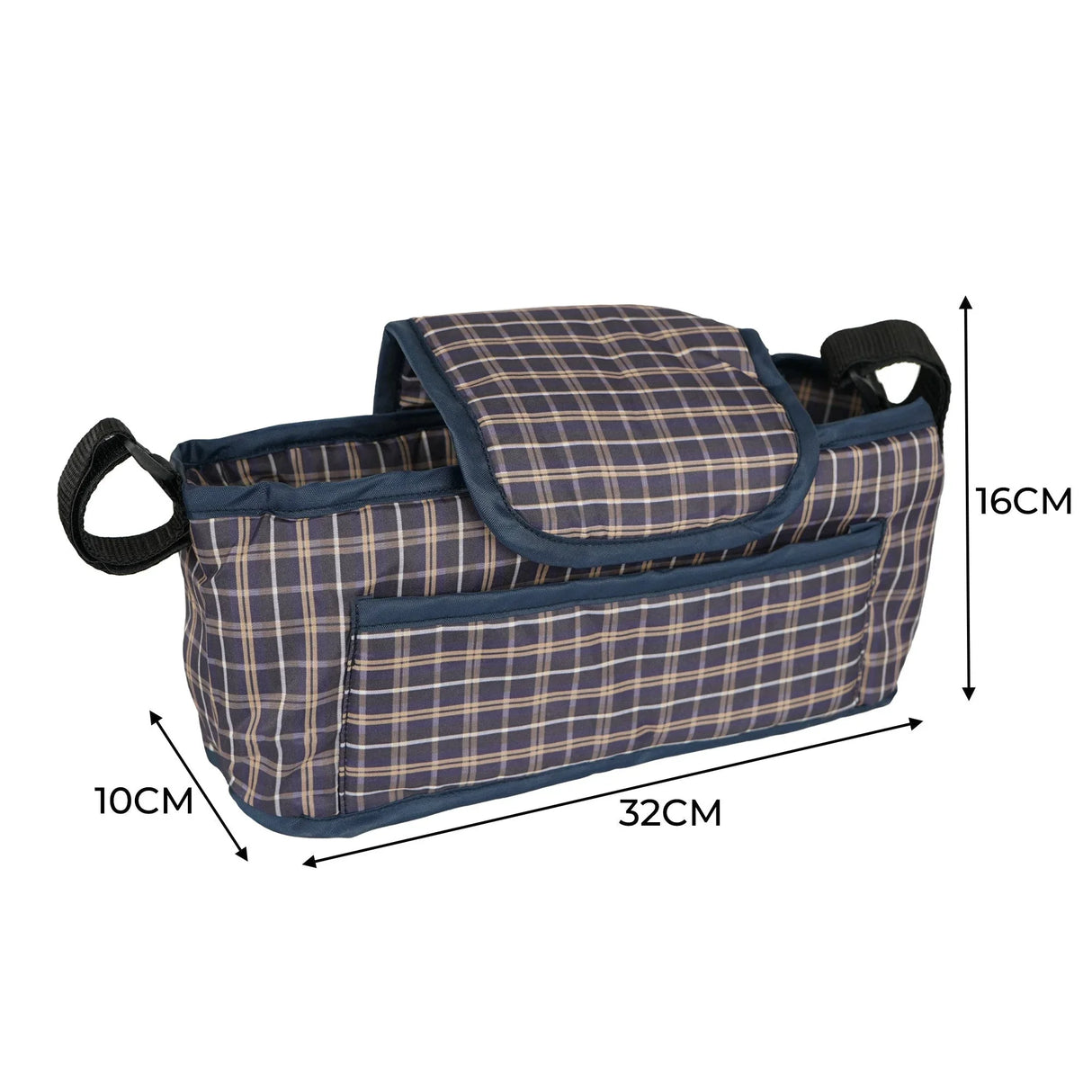 Blue tartan pet stroller caddy bag featuring a spacious design, adjustable straps, and a secure flap for easy access