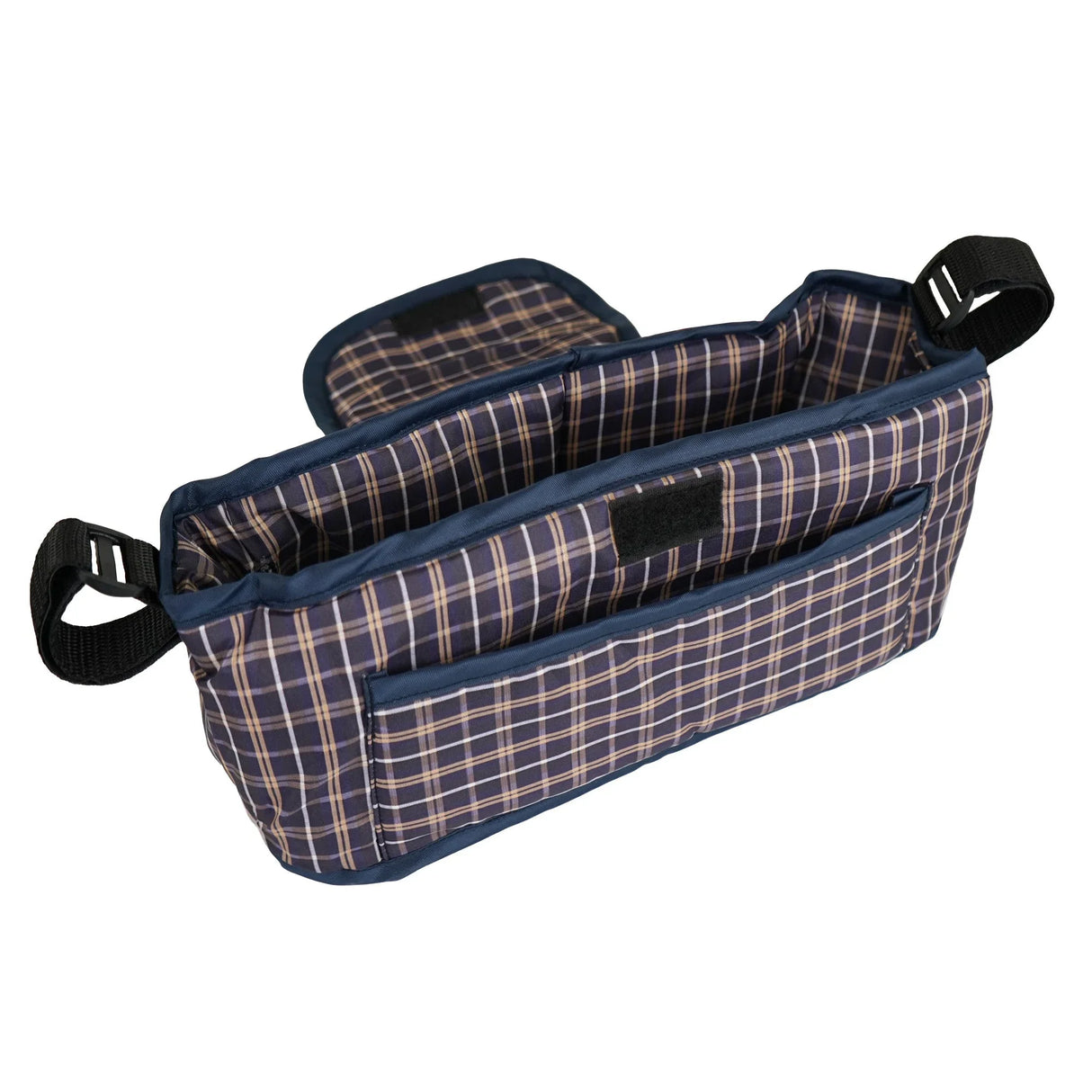 Blue tartan pet stroller caddy bag featuring multiple compartments, a soft fabric texture, and sturdy handles for easy carrying