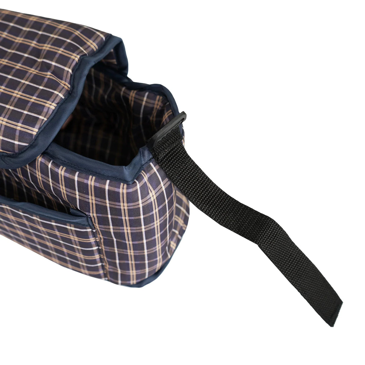 Blue tartan pet stroller caddy bag with a soft, padded interior, featuring a sturdy strap and multiple pockets for convenience