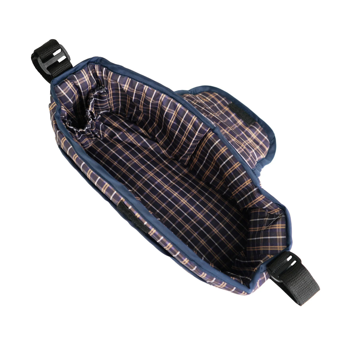 Blue tartan pet stroller caddy bag with a spacious interior, featuring a soft lining and sturdy straps for easy attachment