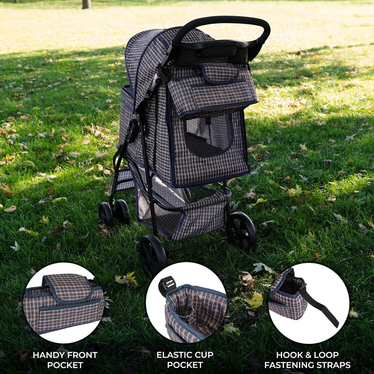 Blue tartan pet stroller caddy bag featuring a front pocket, elastic cup holder, and hook & loop fastening straps on a grassy background