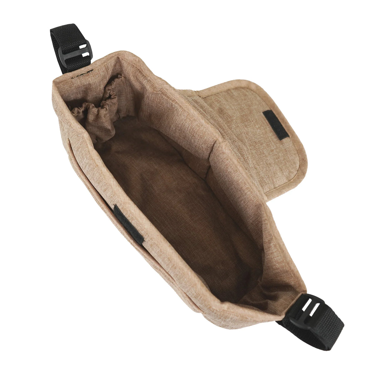 Woven beige pet stroller caddy bag with a spacious interior, adjustable straps, and a soft, textured fabric for easy carrying