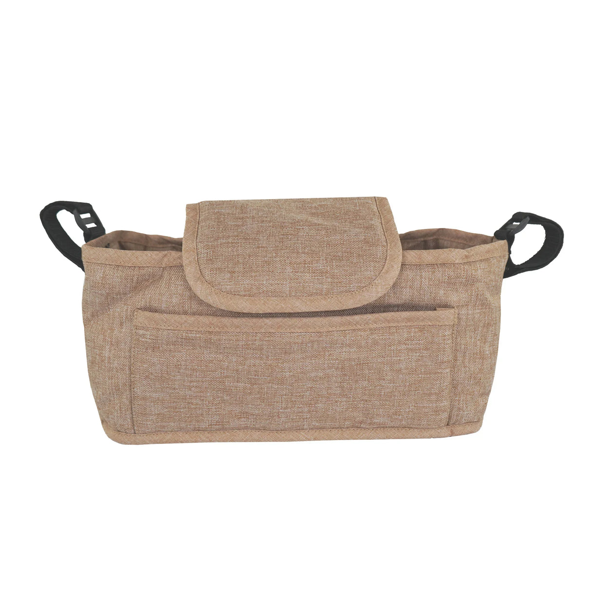Woven beige pet stroller caddy bag with a flap closure, front pocket, and dual side handles for easy carrying and organization