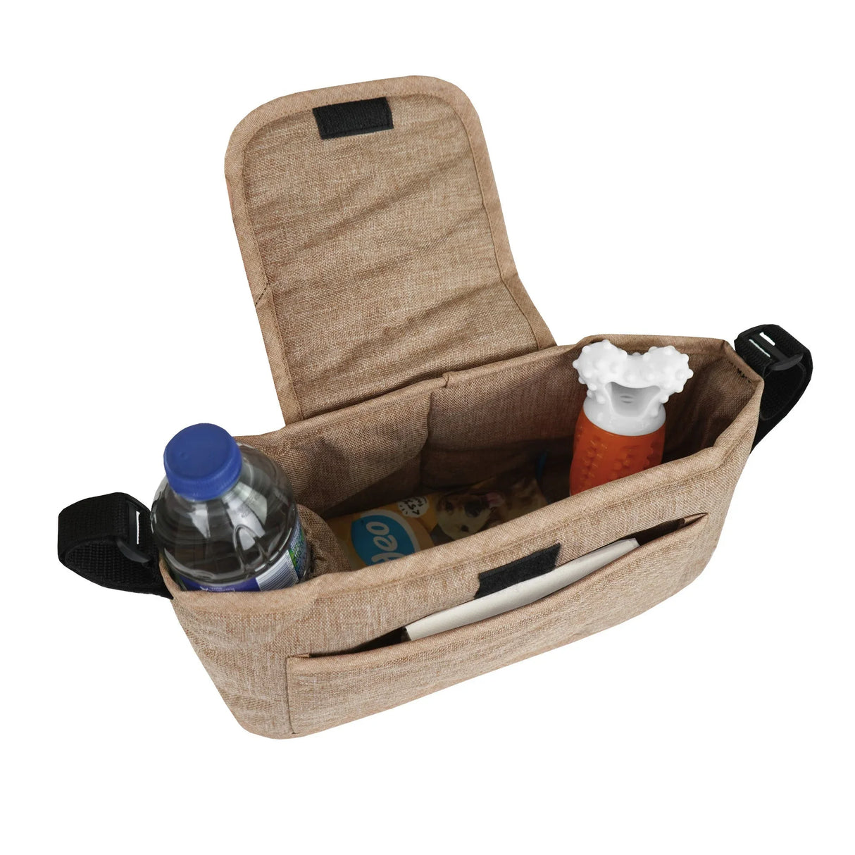 Woven beige pet stroller caddy bag with multiple compartments, holding a water bottle and snacks, featuring a secure flap closure
