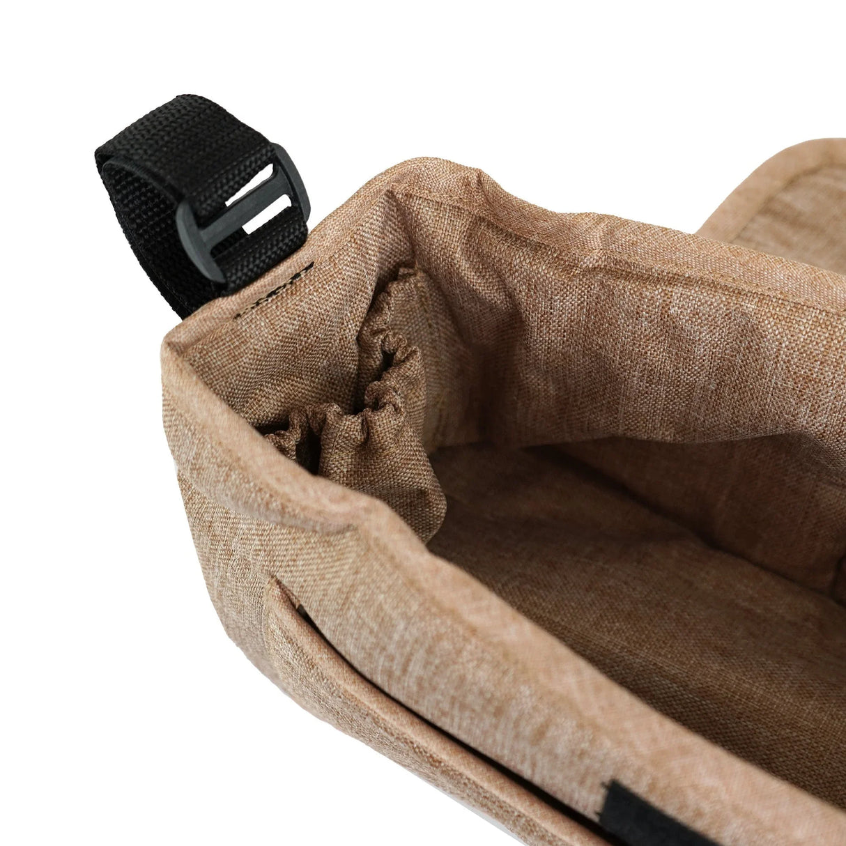Woven beige pet stroller caddy bag with a soft, textured interior and adjustable strap for easy attachment and convenience