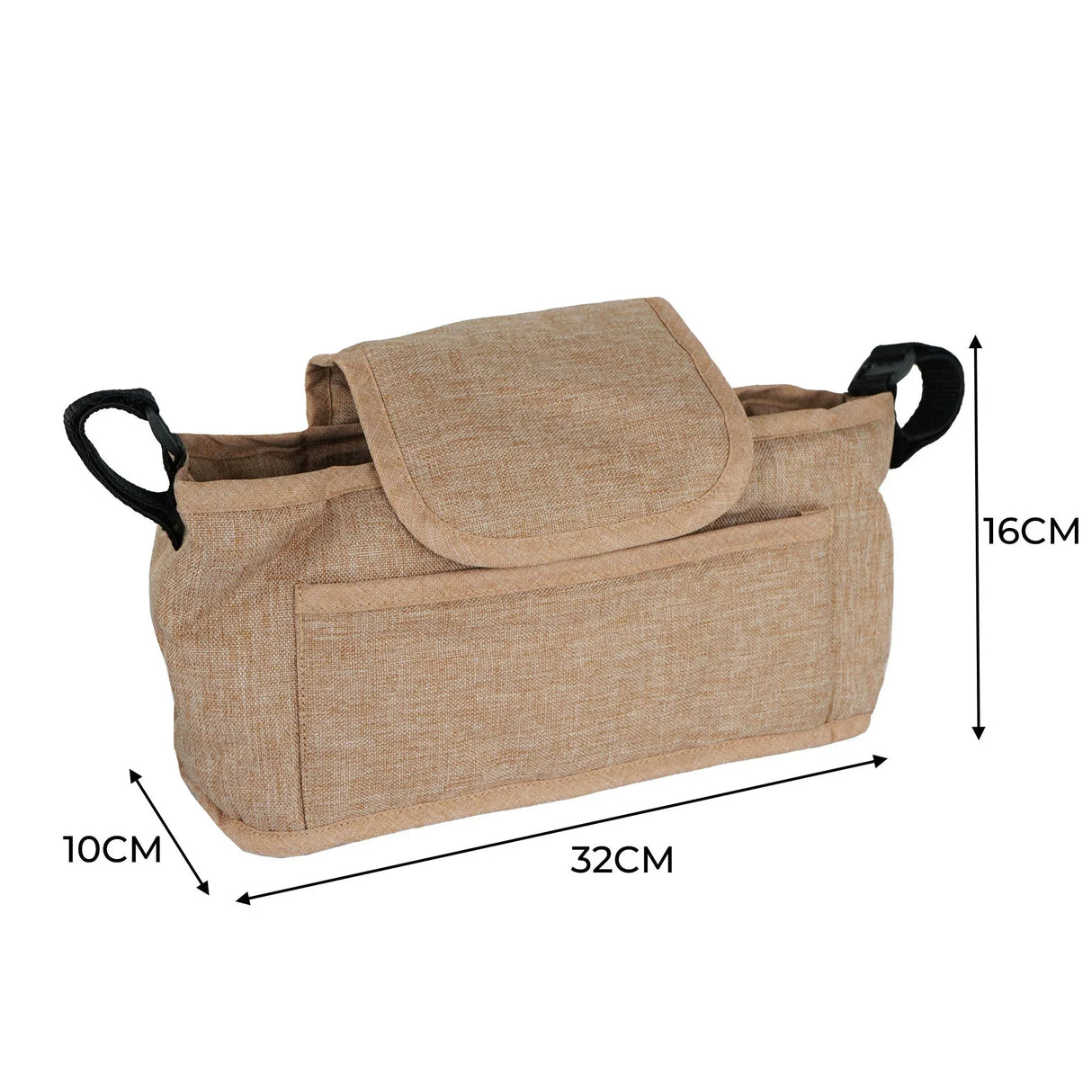 Woven beige pet stroller caddy bag with a flap closure, two side handles, and front pocket for convenient storage and organization