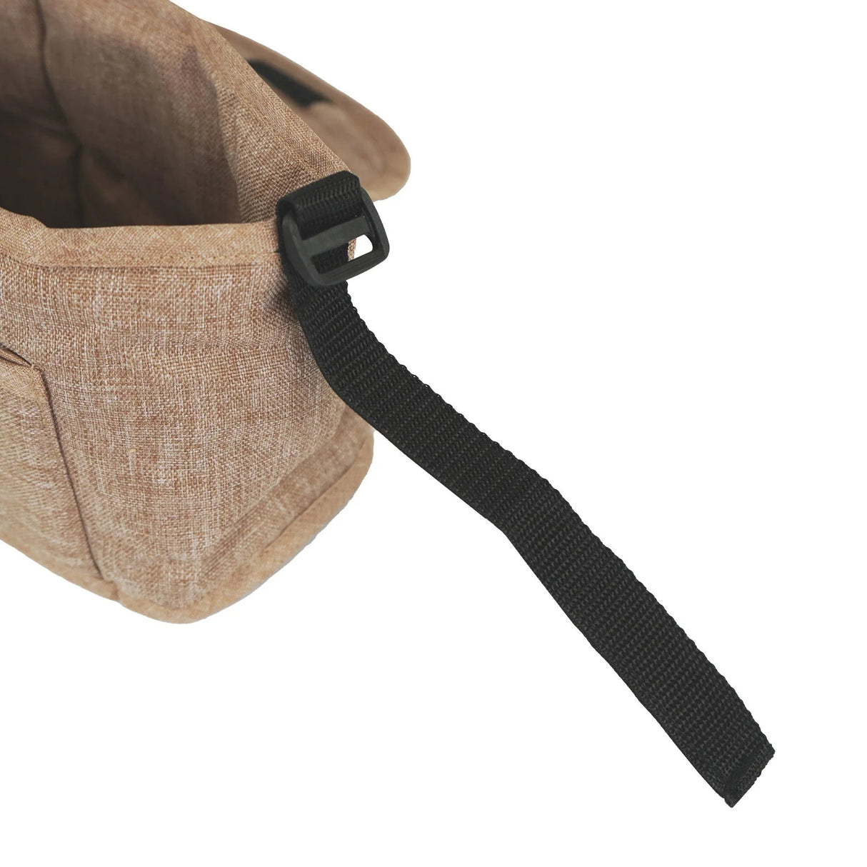 Woven beige pet stroller caddy bag with a sturdy black strap, featuring a soft interior and practical design for pet essentials