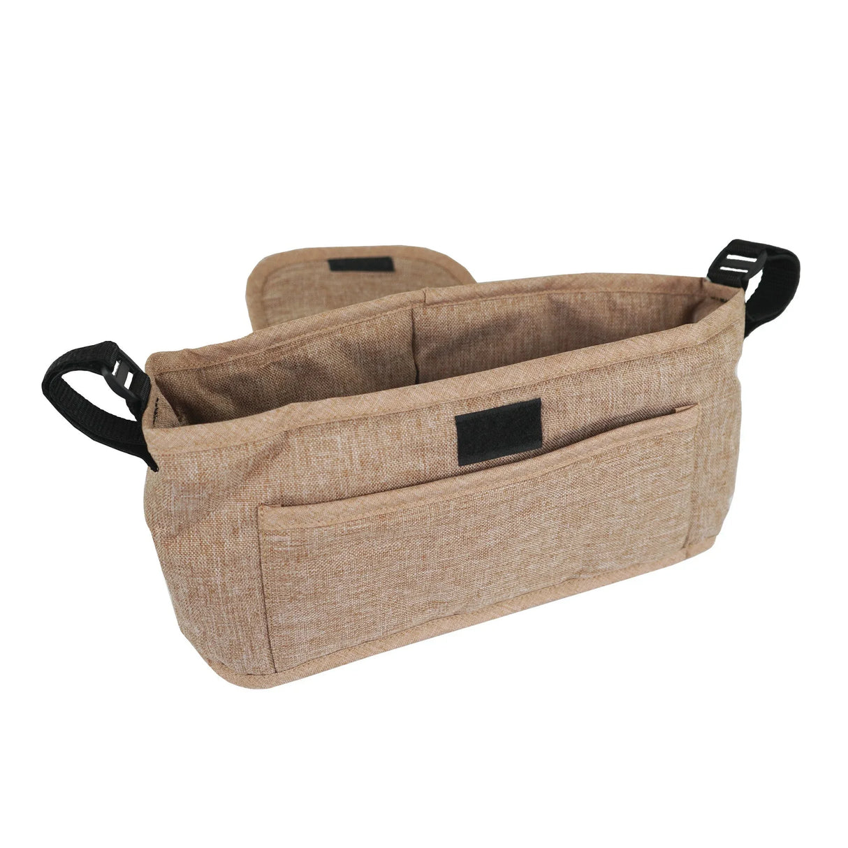 Woven beige pet stroller caddy bag with multiple pockets, durable fabric, and adjustable straps for easy attachment and storage