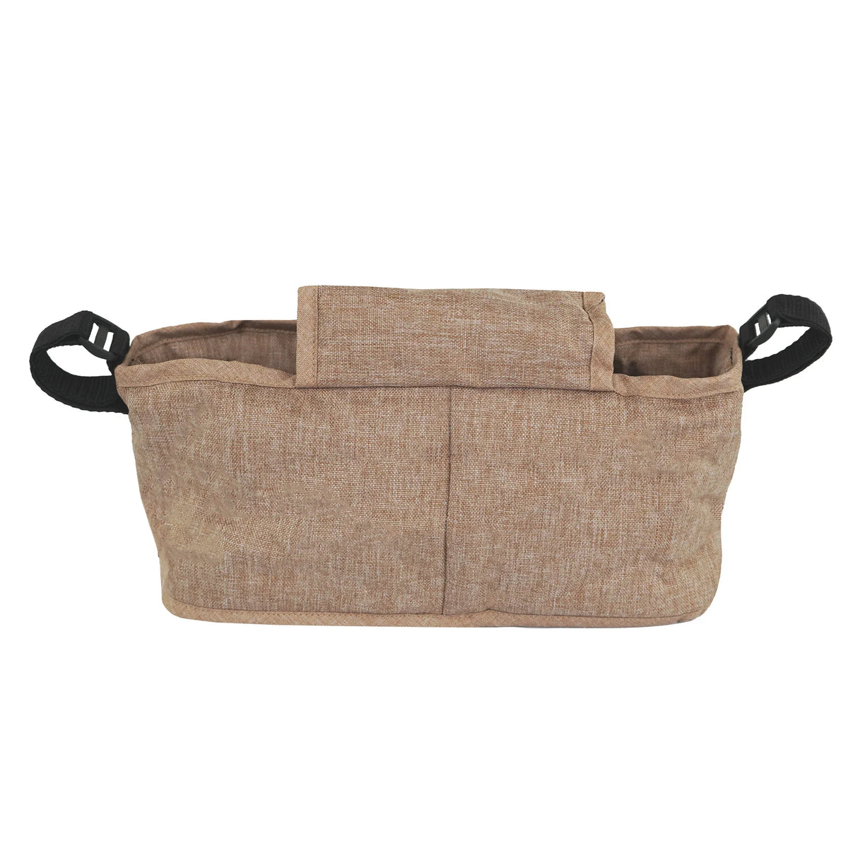 Woven beige pet stroller caddy bag with multiple pockets, sturdy handles, and a textured fabric for easy organization and access