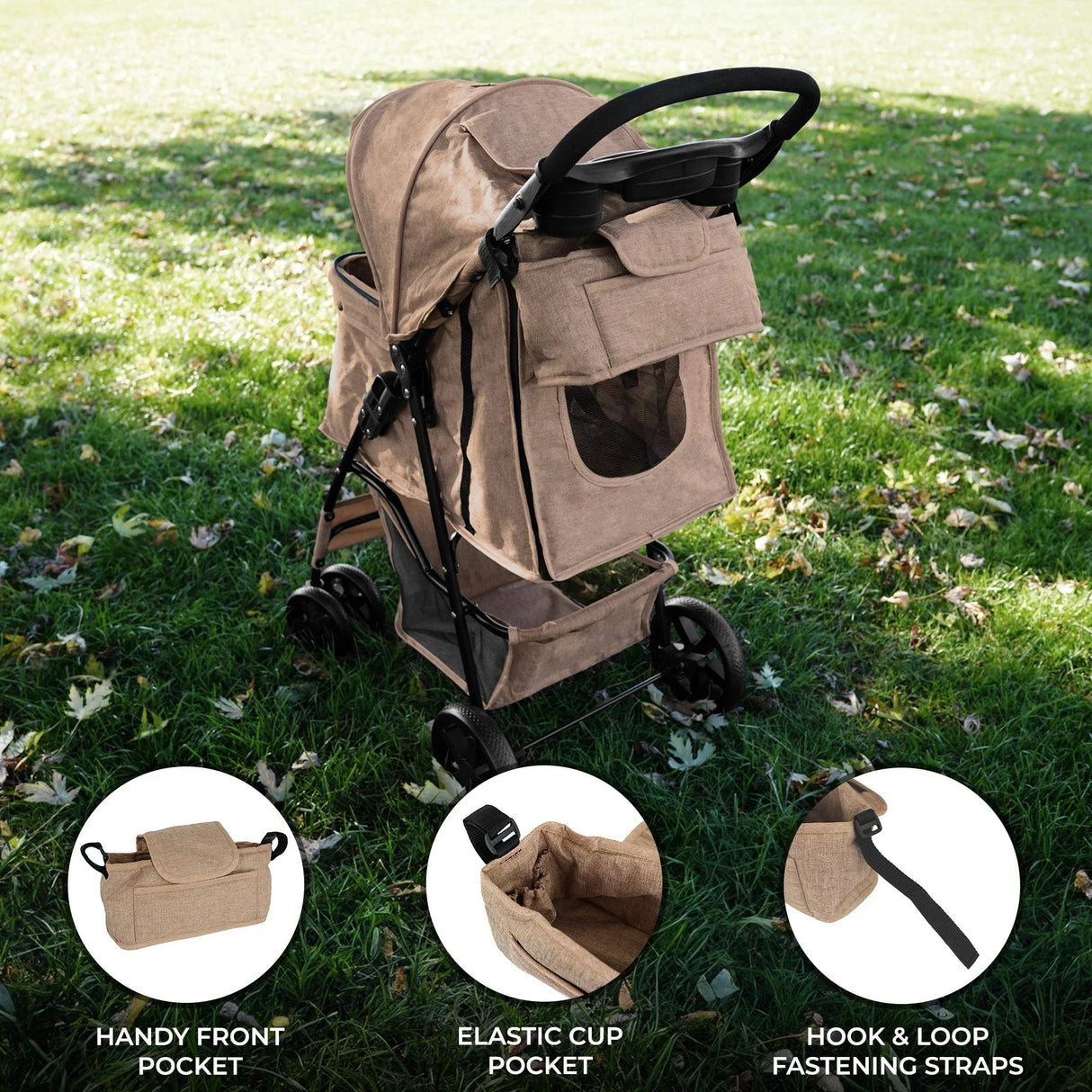 Woven beige pet stroller caddy bag featuring a front pocket, elastic cup holder, and hook & loop fastening straps on a grassy background