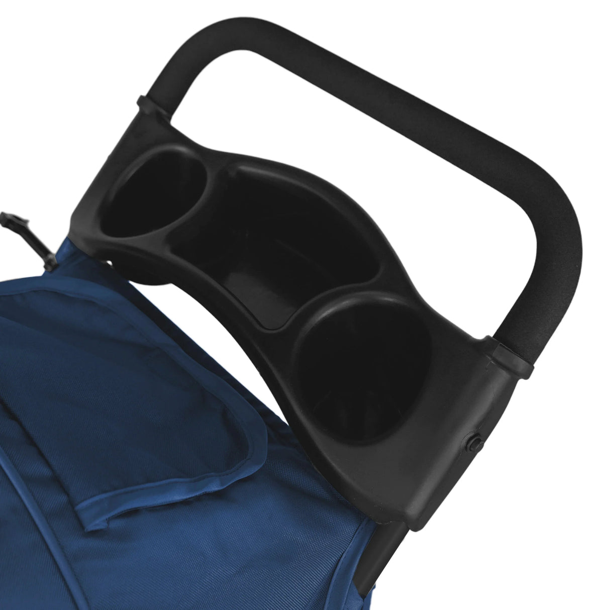 Navy blue pet stroller featuring a sturdy handle with dual cup holders and a spacious caddy bag for convenient storage
