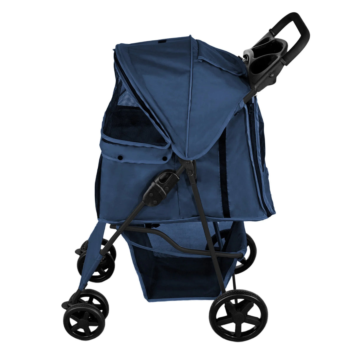 Navy blue pet stroller featuring a rain cover, spacious caddy bag, and sturdy wheels for easy maneuverability and comfort