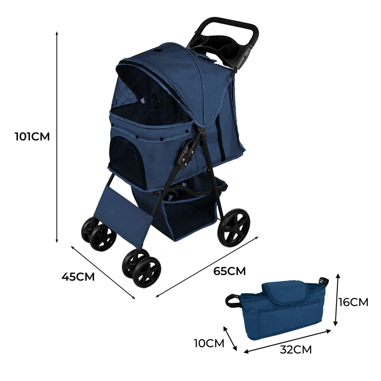 Navy blue pet stroller with rain cover, caddy bag, and spacious compartments, featuring durable wheels and a sturdy frame