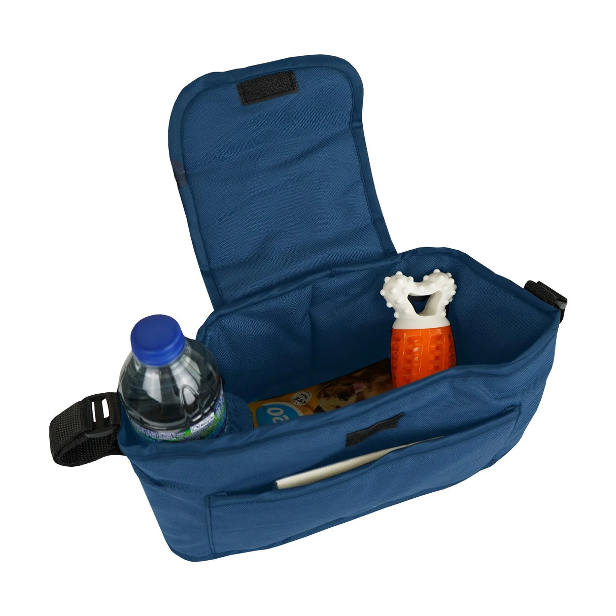 Navy blue caddy bag for pet stroller, featuring a water bottle, dog toy, and treats, showcasing durable fabric and spacious design