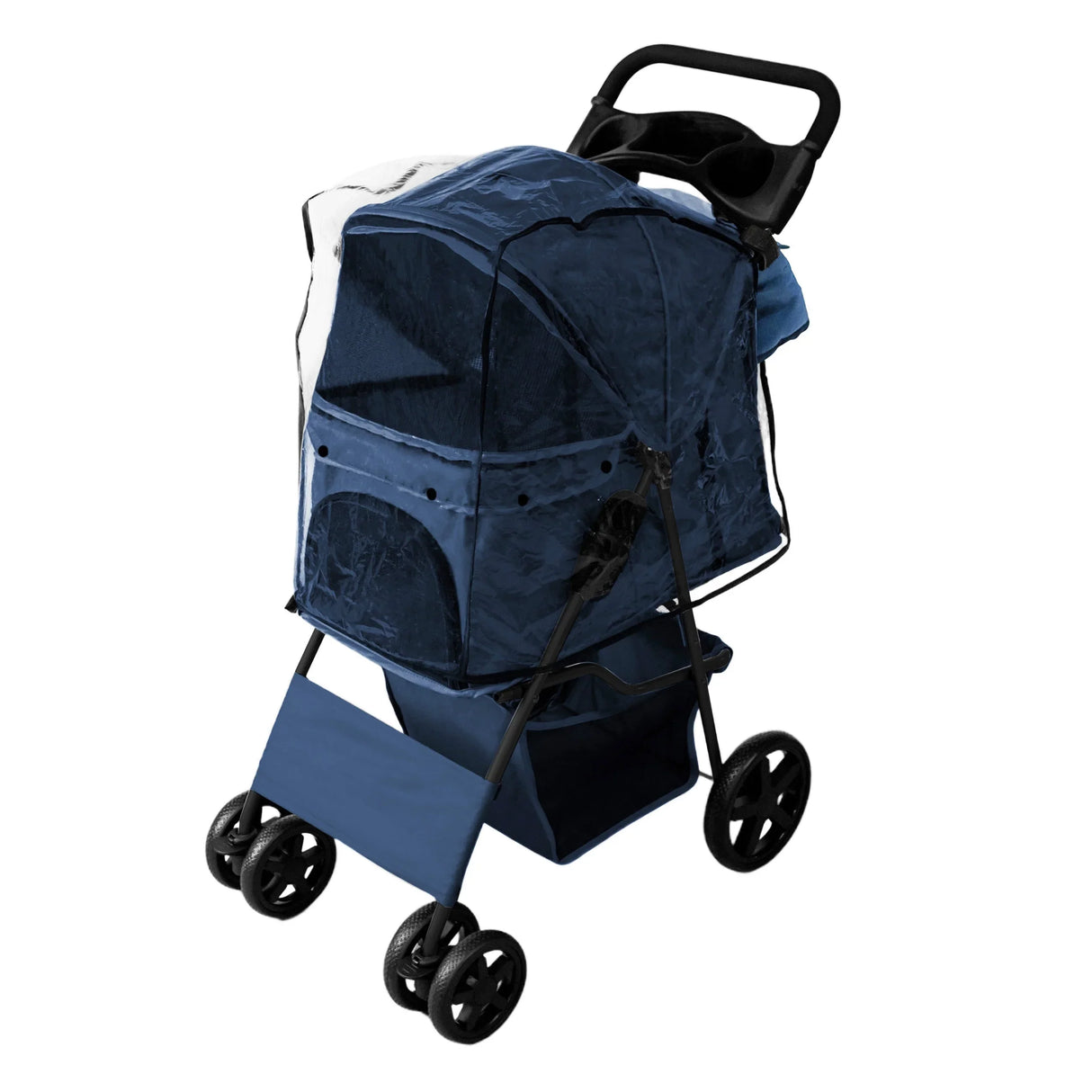 Navy blue pet stroller featuring a rain cover, caddy bag, and durable wheels for easy maneuverability and comfort