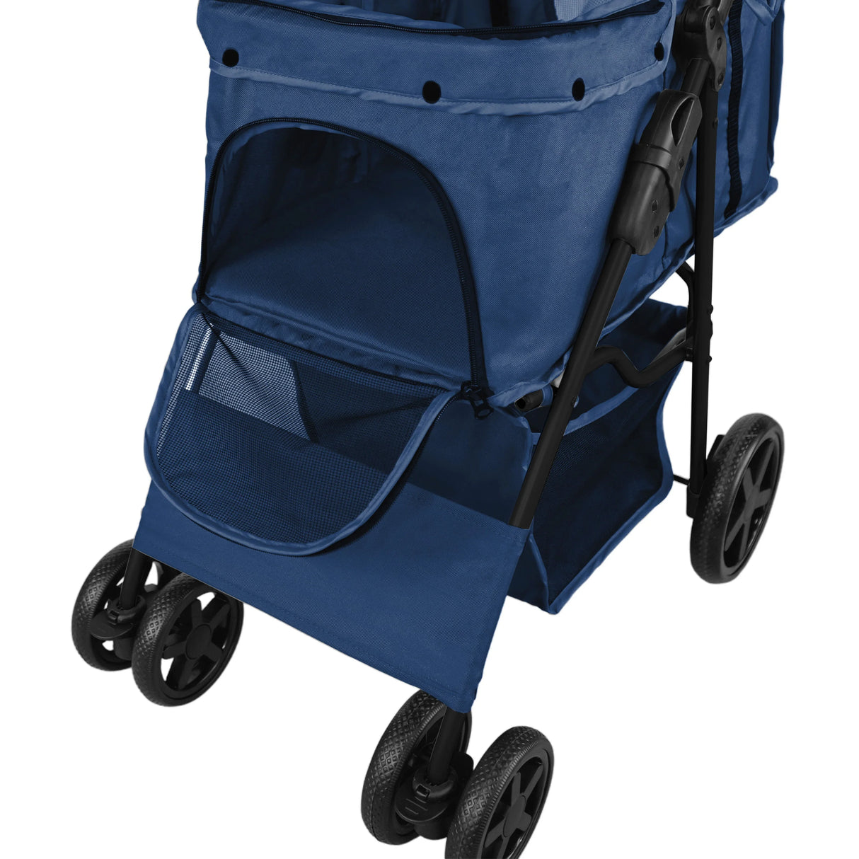 Navy blue pet stroller featuring a mesh front, spacious interior, rain cover, and caddy bag for convenient storage and travel