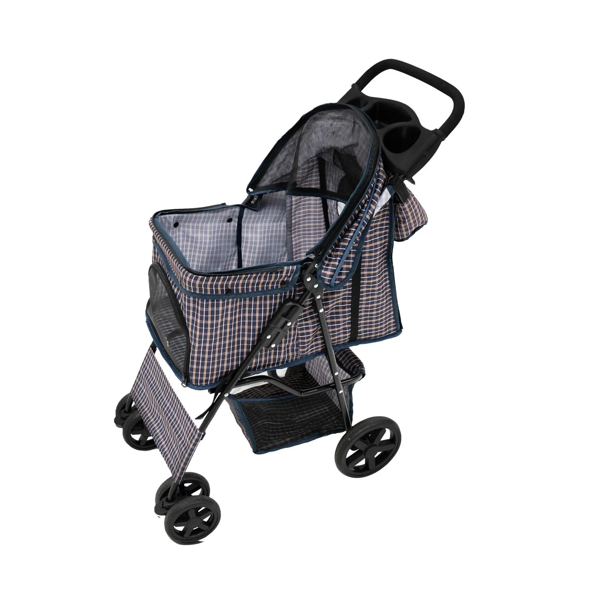 Blue tartan pet stroller featuring a rain cover, caddy bag, and spacious interior with mesh panels for ventilation and visibility