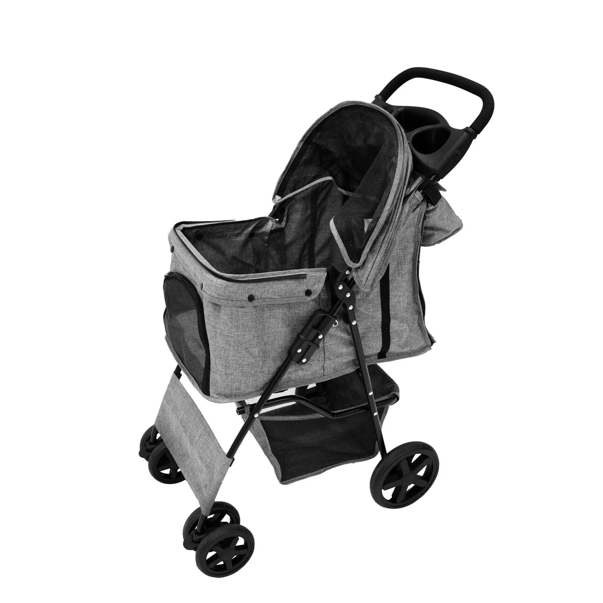 Pet stroller in woven grey with a spacious interior, mesh windows for ventilation, and a convenient caddy bag for storage