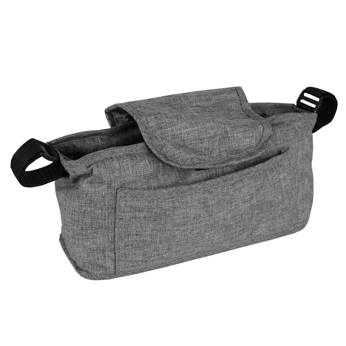 Woven grey caddy bag for pet stroller featuring a secure flap, spacious pocket, and sturdy handles for easy transport