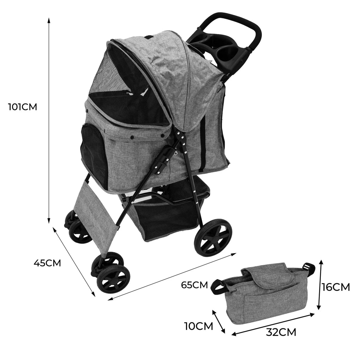 Pet stroller in woven grey with rain cover, caddy bag, and dimensions; features sturdy wheels and mesh panels for ventilation