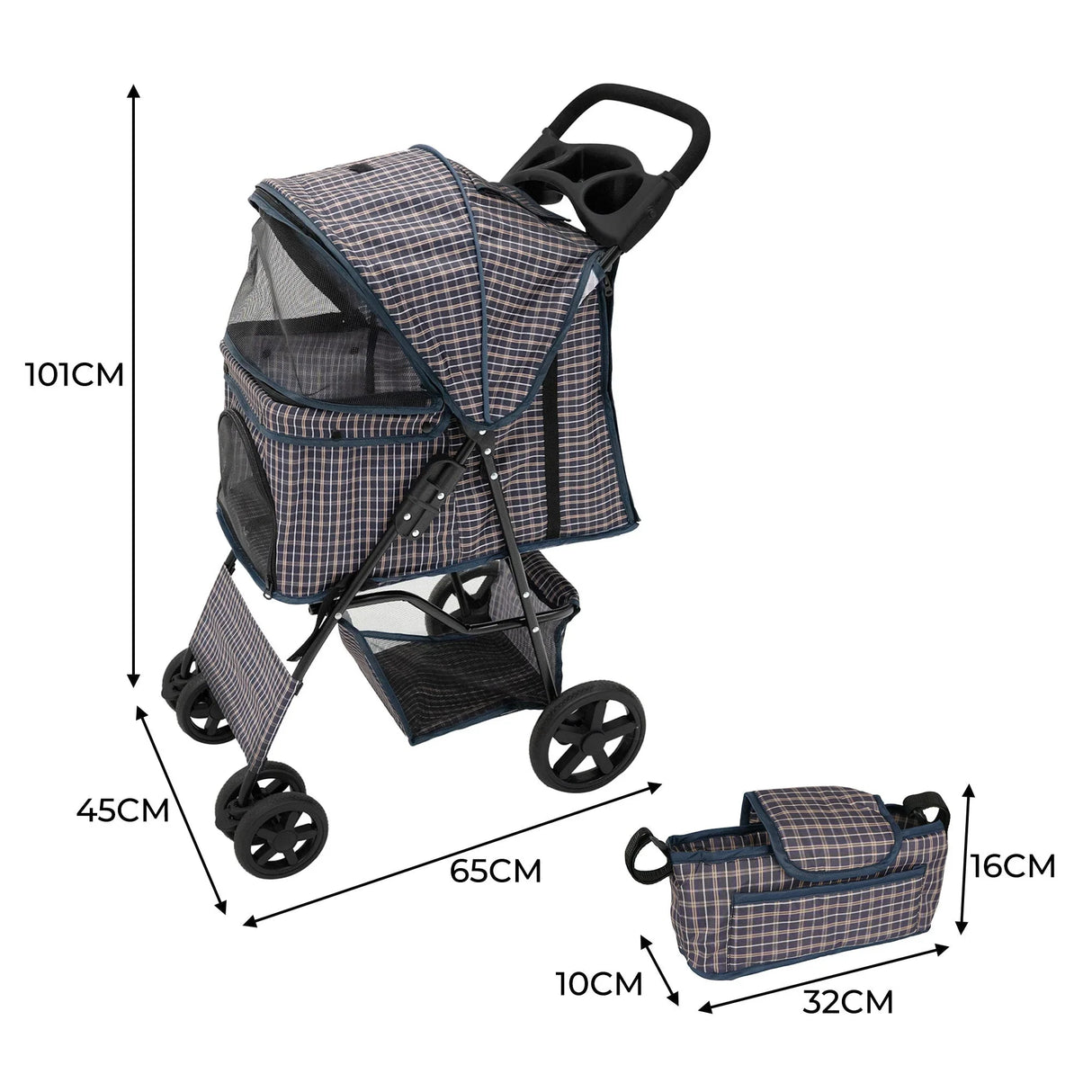 Blue tartan pet stroller with rain cover, caddy bag, and mesh panels for ventilation, featuring sturdy wheels and a collapsible design